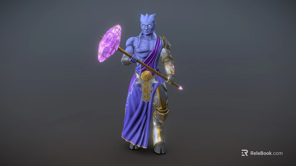 Game and Movie Character Blue Skinned with Crown Purple Robe Golden Accents and Pink Crystal Staff 3d model 