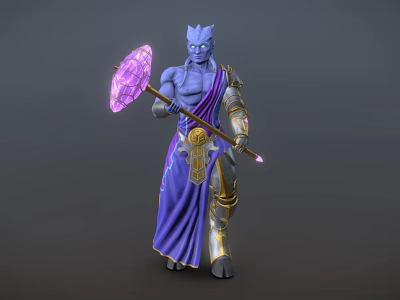 Game and Movie Character Blue Skinned with Crown Purple Robe Golden Accents and Pink Crystal Staff 3d model