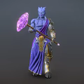 Game and Movie Character Blue Skinned with Crown Purple Robe Golden Accents and Pink Crystal Staff