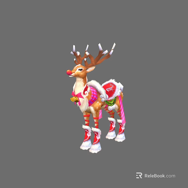Festive Decorative Reindeer With Red Nose Colorful Ornaments And Antlers 3d model 