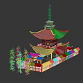 Traditional Asian Pagoda With Multi Tiered Green Roof And Red Railings Near Bamboo Plants