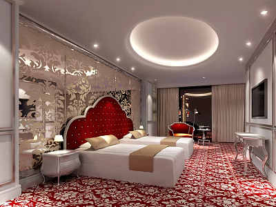 Luxurious Hotel Guest Room With Red Headboard Twin Beds Red Patterned Carpet And Mirrored Wall 3d model