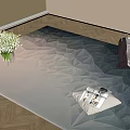 Square Rug With Mountain Pattern On Light Wood Floor White Flower Vase And Open Magazine