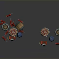 Vintage Weapon Display With Wooden Barrels Red Bomb Like Objects Blue Pots And Gauges