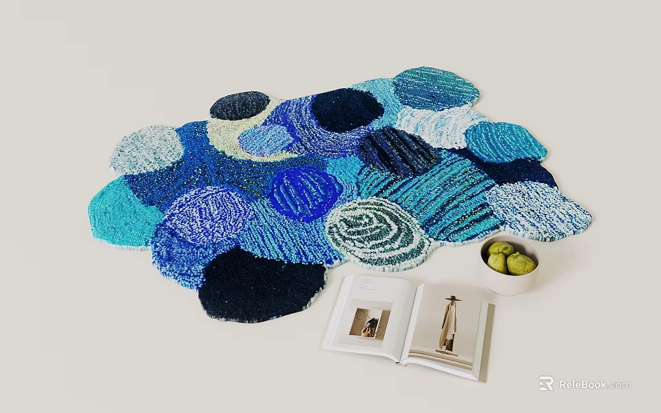 Vibrant Circular Patterned Rug With Open Book And Grapes Bowl On Light Floor 3d model 