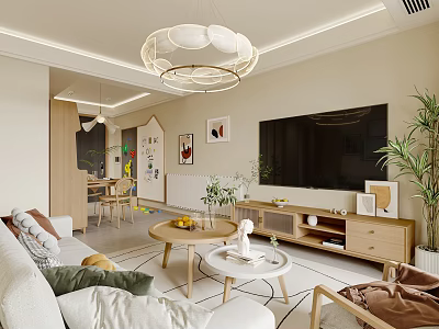 Modern Living Dining Room Interior With Chandelier Sofa Coffee Table Dining Table And Plants 3d model