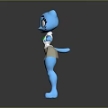 Blue Cartoon Cat Character With Big Eyes White Shirt Green Button And Beige Skirt