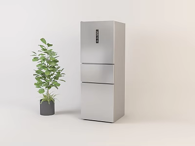 Three Door Stainless Steel Refrigerator Freezer With Green Plant In Light Colored Background 3d model