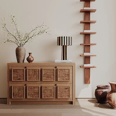 Natural Wood Entryway Side Cabinet With Vase Lamp Decor And Wall Shelf 3d model