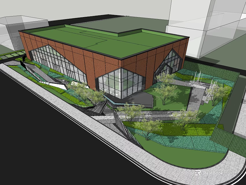 Modern Red Brick Sales Office Building With Glass Facade And Landscaped Greenery 3d model 