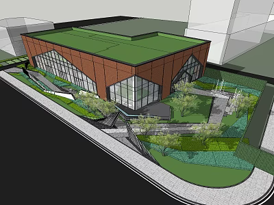 Modern Red Brick Sales Office Building With Glass Facade And Landscaped Greenery 3d model