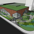 Modern Red Brick Sales Office Building With Glass Facade And Landscaped Greenery
