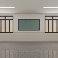 Office Corridor Featuring Ceiling Lights Side Windows Wall Mounted Bulletin Board Colorful Patterns Gray Floor 3d model