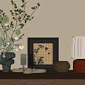 Stylish Decorative Ornament Set With Vase Green Plants Frame And Table Lamp On Wooden Shelf
