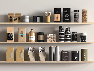 Assorted Packaged Food On Wooden Shelves Featuring Brown Black Beige Paper Bags Jars And Cups 3d model