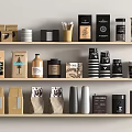 Assorted Packaged Food On Wooden Shelves Featuring Brown Black Beige Paper Bags Jars And Cups