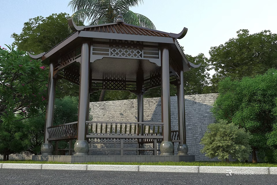 Traditional Ancient Chinese Pavilion With Carved Patterns Wooden Bench Green Trees And Brick Wall 3d model 