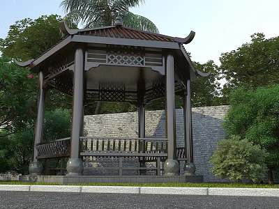 Traditional Ancient Chinese Pavilion With Carved Patterns Wooden Bench Green Trees And Brick Wall 3d model