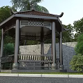 Traditional Ancient Chinese Pavilion With Carved Patterns Wooden Bench Green Trees And Brick Wall