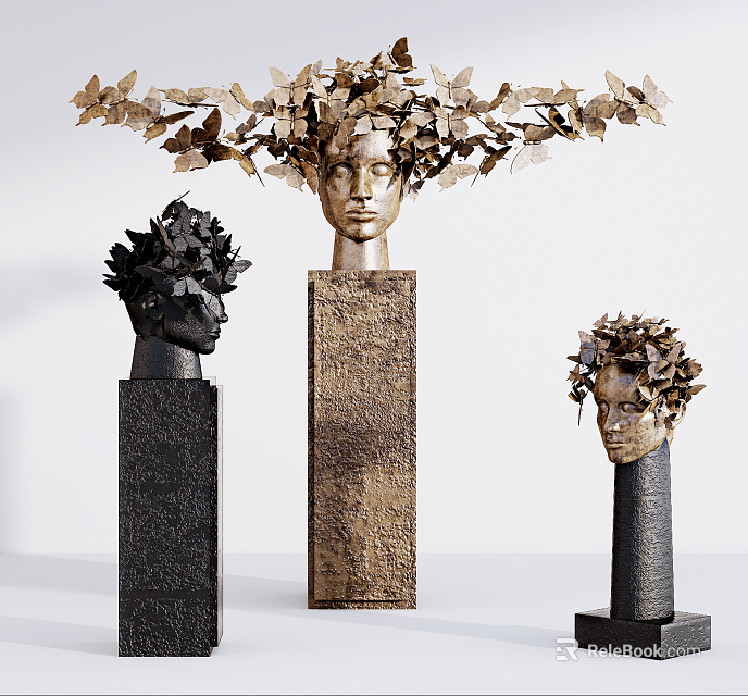 Modern Artistic Head Sculptures With Intricate Leaf Petal Design And Textured Bases 3d model 