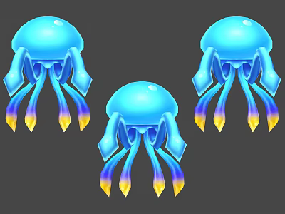 Three Blue Glowing Jellyfish Game Characters With Umbrella Shaped Bodies And Gradient Tentacles 3d model
