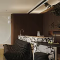 Modern Living Room Interior With Black Sofa Marble Countertop Wooden Stools Rug And Green Plants