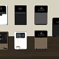 Modern Home Water Dispensers With Digital Display In Different Colors On Wooden Table