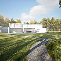 Modern Garden Landscape Design With Green Lawn Gravel Path And Surrounding Trees