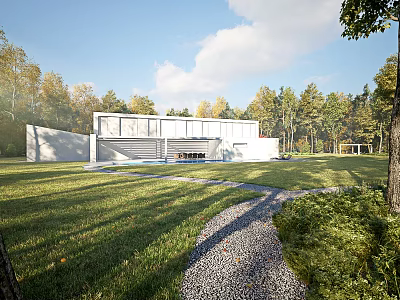 Modern Garden Landscape Design With Green Lawn Gravel Path And Surrounding Trees 3d model