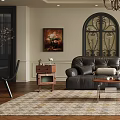 Elegant Living Room Interior With Black Leather Sofa Coffee Table And Wooden Floor