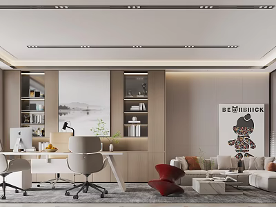 Modern Office Interior With Spacious Layout Desk Chairs Sofa Wooden Bookshelves And Artwork 3d model