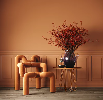 Elegant Tan Velvet Single Chair With Curved Design And Red Flower Vase On Gold Table 3d model