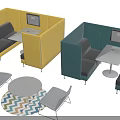 Single Seater Gray Sofa In Office Lounge With Yellow Green Booths Table Screen And Rug