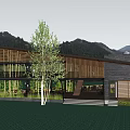 Modern Wooden Building With Open Design Terrace Outdoor Seating Umbrellas Greenery Mountain View And Sky