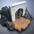 White Stone Entrance Gate With Black Iron Design And Rock Decorations On Brown Platform