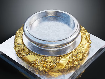 Golden Floral Carved Base With Silver Circular Tray On Square Platform 3d model