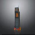 Modern Colorful Tower Building With Green Structure Red Windows Orange Pink Base And Top Spire