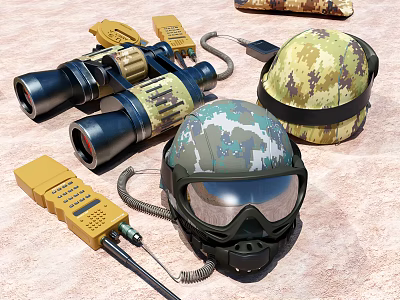 Military Tactical Gear Collection Featuring Camouflage Helmets Binoculars Radio And Detection Equipment 3d model