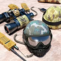 Military Tactical Gear Collection Featuring Camouflage Helmets Binoculars Radio And Detection Equipment
