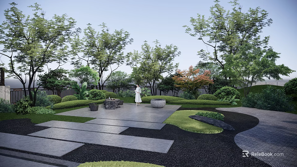 Tranquil Garden Landscape Featuring Trees Trimmed Shrubs Stone Paths Circular Benches And Gravel Areas 3d model 