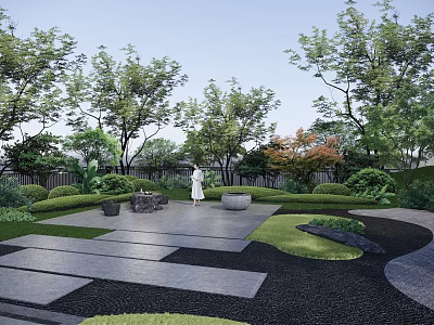 Tranquil Garden Landscape Featuring Trees Trimmed Shrubs Stone Paths Circular Benches And Gravel Areas 3d model