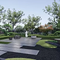 Tranquil Garden Landscape Featuring Trees Trimmed Shrubs Stone Paths Circular Benches And Gravel Areas