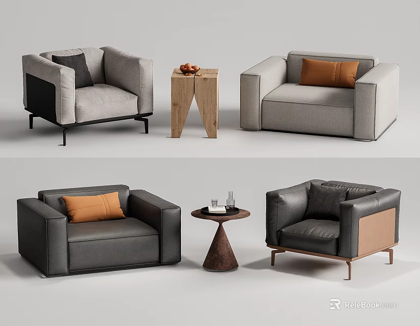Modern Casual Sofa Set With Single Armchairs Wooden Coffee Table And Decorative Pillows 3d model 