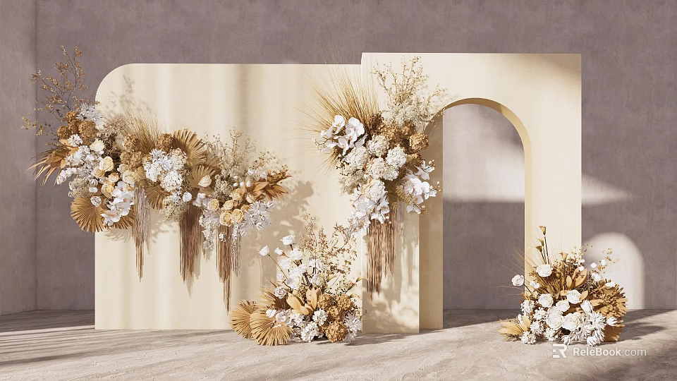 Floral Display Featuring Beige Background Hanging Dried Flowers White Blooms And Curved Arch Design 3d model 