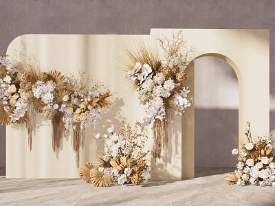 Floral Display Featuring Beige Background Hanging Dried Flowers White Blooms And Curved Arch Design 3d model
