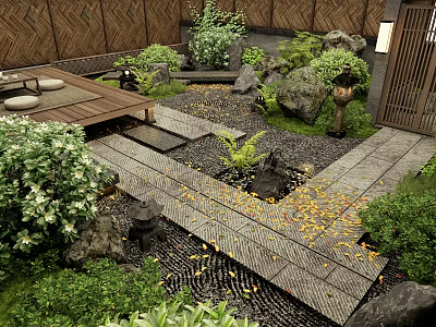 Japanese Style Garden Courtyard With Stone Pathway Gravel Decoration Green Plants And Wooden Platform 3d model