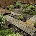 Japanese Style Garden Courtyard With Stone Pathway Gravel Decoration Green Plants And Wooden Platform