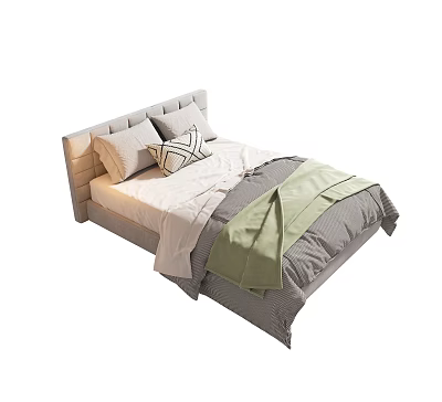 Modern Single Bed With Gray Headboard White Gray Green Bedding And Pillows 3d model