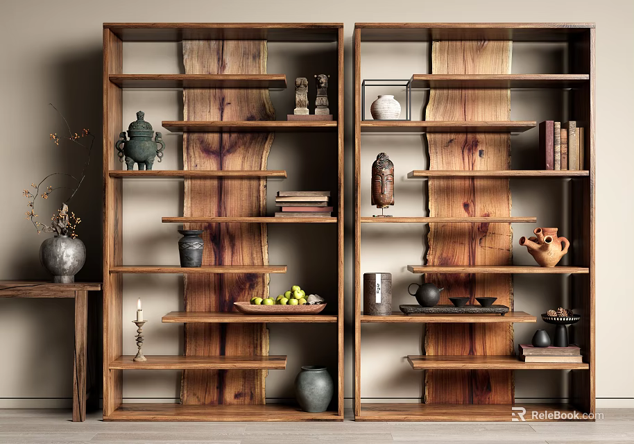 Natural Wooden Bookcases With Vases Sculptures Books And Decorative Items 3d model 