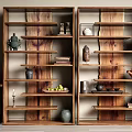 Natural Wooden Bookcases With Vases Sculptures Books And Decorative Items